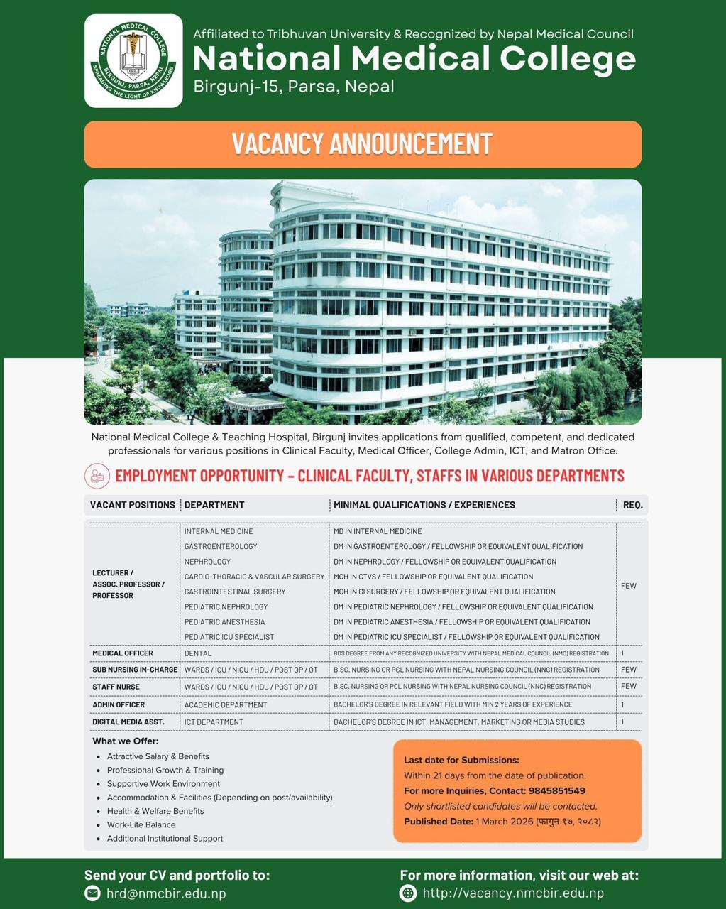 NMC BIrgunj Announces Vacancy for Clinical Faculty and Other Positions